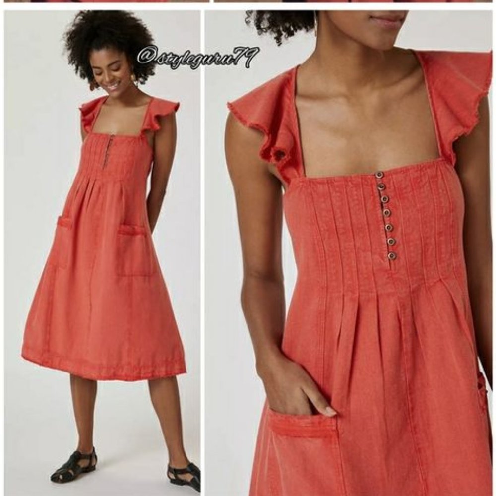 Rust Red Tie-Back Midi Dress with Flutter Sleeves - Picture 2 of 6